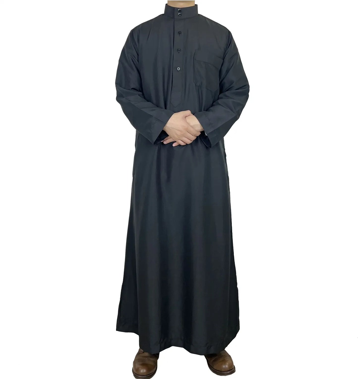 Polyester Muslim Men's Robes Qatar Stand Collar Robe Pocket Design Arab Middle Eastern Menswear Muslim Fashion  Arabic