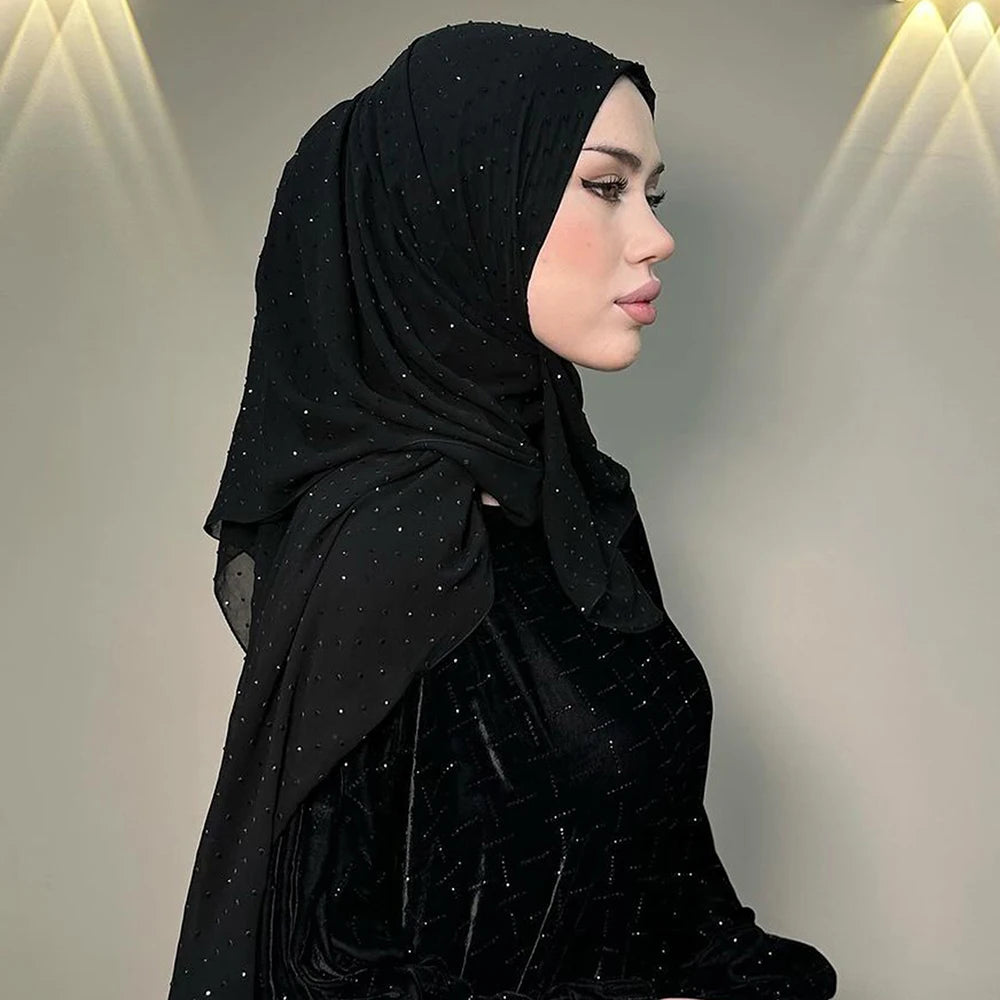 High Quality Chiffon Rhinestone Muslim Hijab Scarf Arabic Female Plain Headwrap Long Shawl Headscarf Islamic Foulard