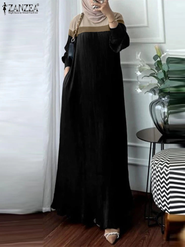 2024 ZANZEA Muslim Abaya Robe Femme Women Patchwork Maxi Dresses Fashion Autumn Long Sleeve Pleated Sundress Casual Vestidos