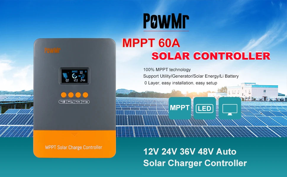 PowMr MPPT 60A Solar Charger Controller 12V 24V 36V 48V Auto Lifepo4 Battery Charger Solar Panel Regulator Max PV Input 160VDC