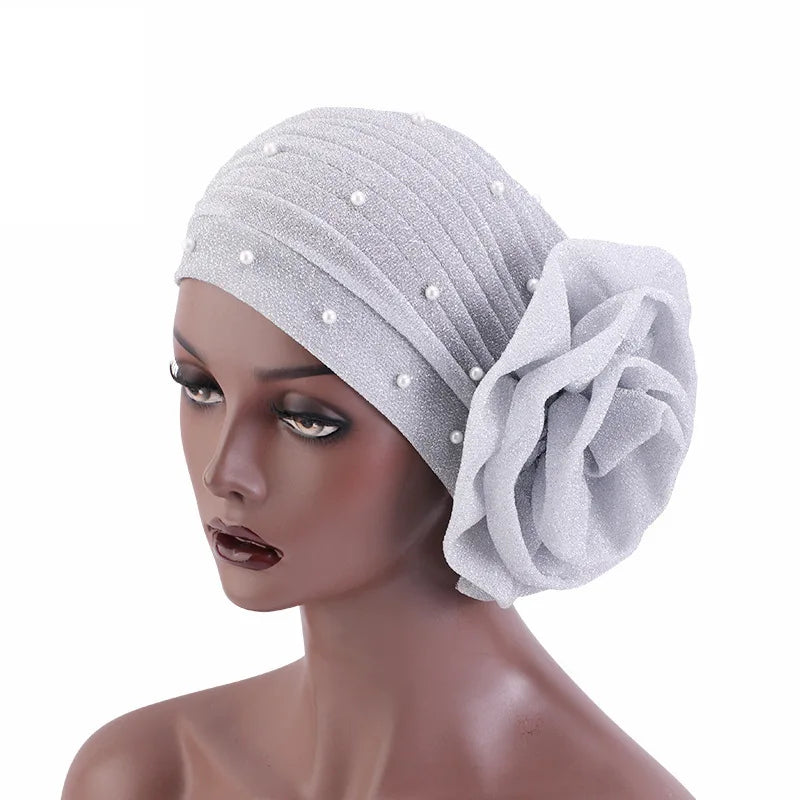 Summer Beading Flower Women's Turban Caps Stretchy Female Headwrap Bonnet Cancer Headwear Muslim Turban Hijabs Islamic Headscarf