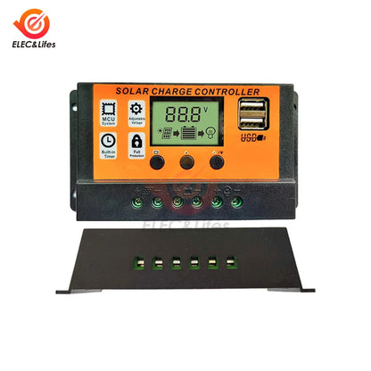 100A Solar Charge Controller Solar Panel Controller 12V/24V Adjustable LCD Display Solar Panel Battery Regulator With USB Port