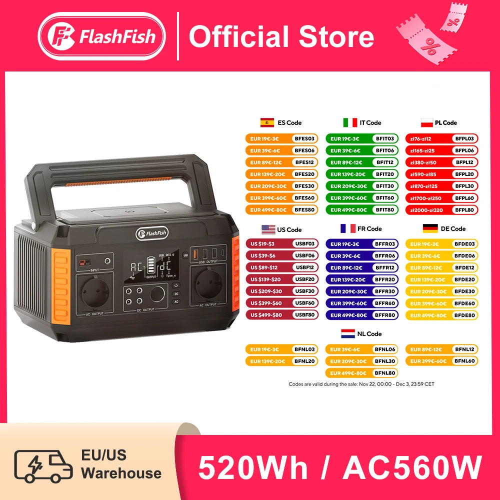 FF FlashFish Power Station 560W Portable Solar Generator 230V Pure Sine Wave AC Outlets 520Wh Lithium Batteries for Solar Panel