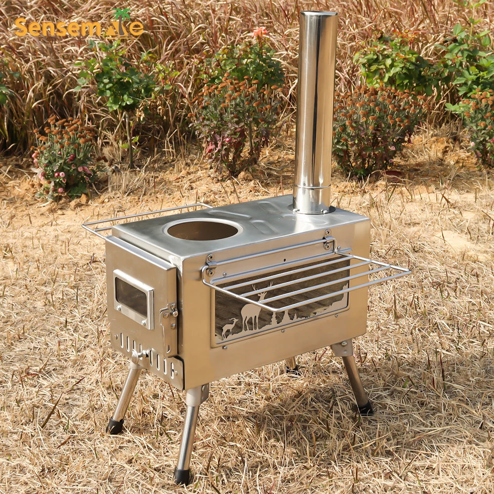 Large Portable Fire Wood Stove, 304 Stainless Steel, Window Pipe for Tent Heater, Cot Camping, Ice-fishing Cooking, Outdoor BBQ