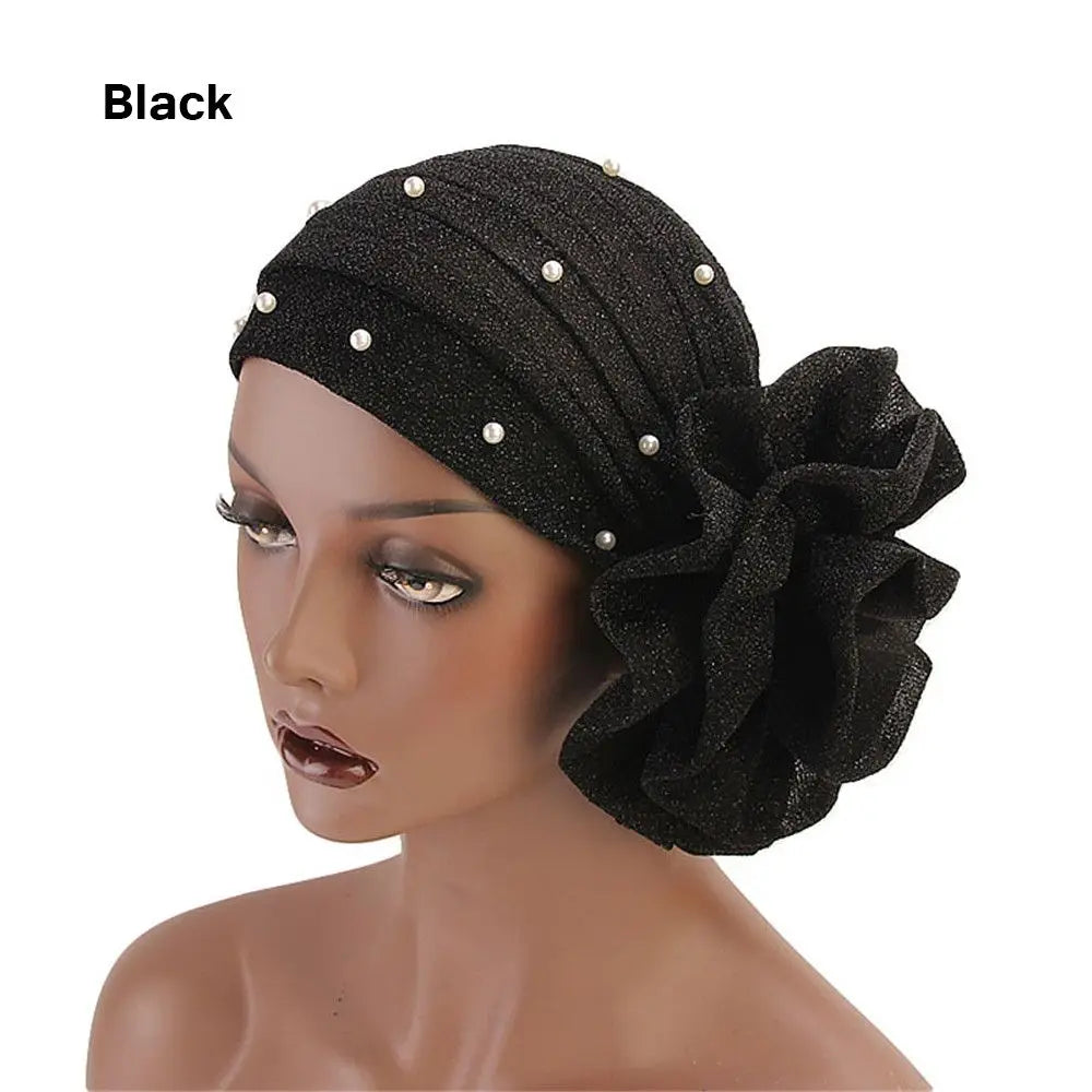 Women Cancer Chemo Cap Big Flower Shiny Silk Muslim Hat Hair Loss Head Scarf Pearls Elastic Turban Head Wrap Cover