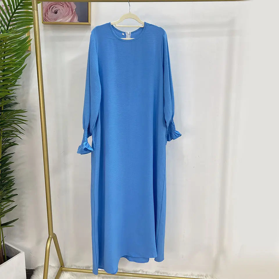 Under Abaya Inner Long Slip Dress Solid Color Smocked Cuffs Islamic Clothing Muslim Woman Casual Dubai Turk Modest Hijabi Robe