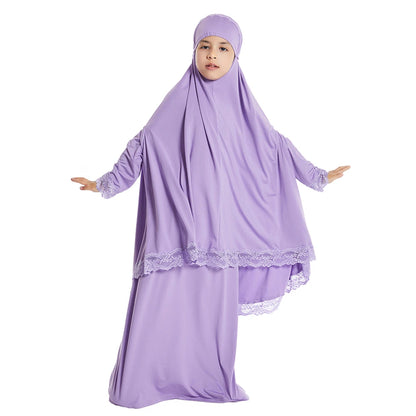 2 Piece Set Prayer Garment Lace Dress Muslim Kids Girls Abaya Gowns Overhead Hijab Long Khimar Ramadan Skirt Arab Clothes Niqab