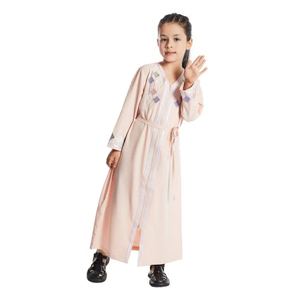 Moroccan Eid Muslim Kids Abaya Girls Embroidery Zipper Long Sleeve Maxi Dress Arabic Kaftan Robes Islamic Party Prayer Clothing