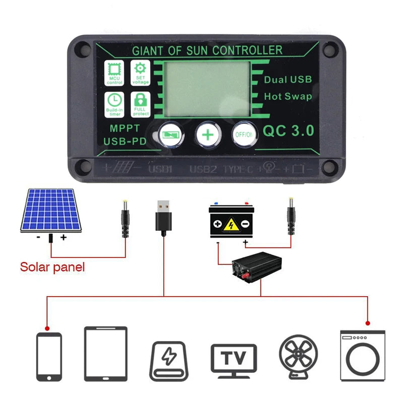 100A 80A 60A 30A 10A Solar Charge MPPT Controller 12V/24V/50V Solar Panel Charging Regulator With Dual USB With Auto Display