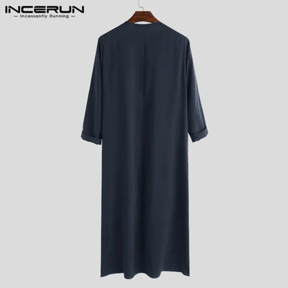 INCERUN Men Muslim Arabic Kaftan Islamic Long Sleeve Abaya Robes Solid Color Saudi Arabia Dress Jubba Thobe Men Clothing S-5XL