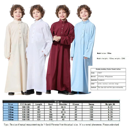 Solid Stand Collar Boys Kids Islamic Muslim Juba Kaftan Robe Arabian Dubai Qatar Children Long Dress Singel-Breasted Abaya Robe