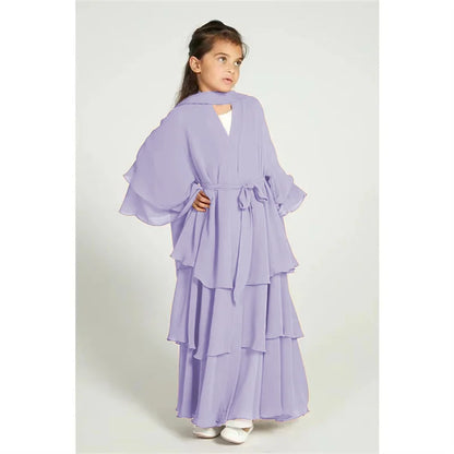 Chiffon Muslim Abaya Kids Open Abaya Girls Islamic Dresses Prayer Clothing for Children Long Robe Ramadan 2025 Clothes