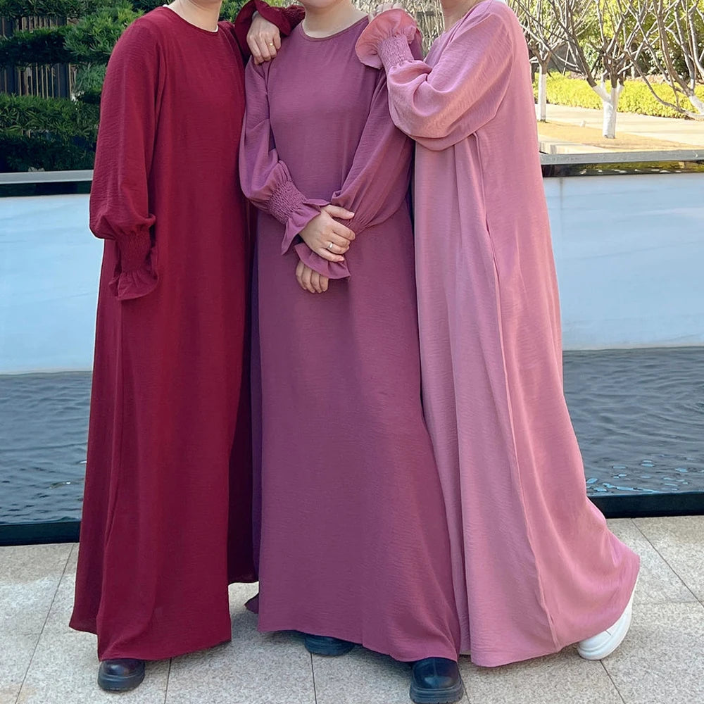 Under Abaya Inner Long Slip Dress Solid Color Smocked Cuffs Islamic Clothing Muslim Woman Casual Dubai Turk Modest Hijabi Robe