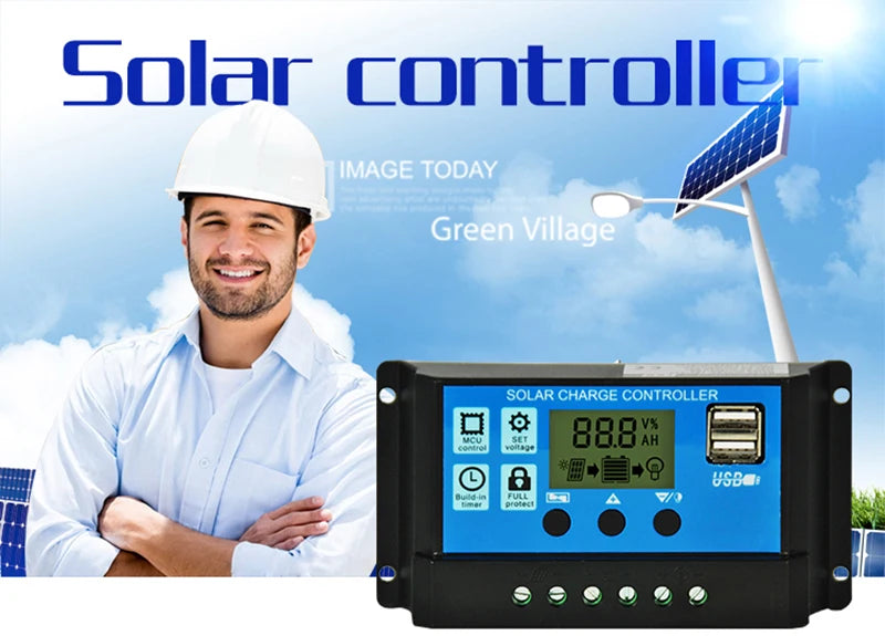 10A 20A 30A PWM Solar Charge Controller 12V/24V Solar Regulator USB 5V Panel Battery Regulator Intelligent LCD Display