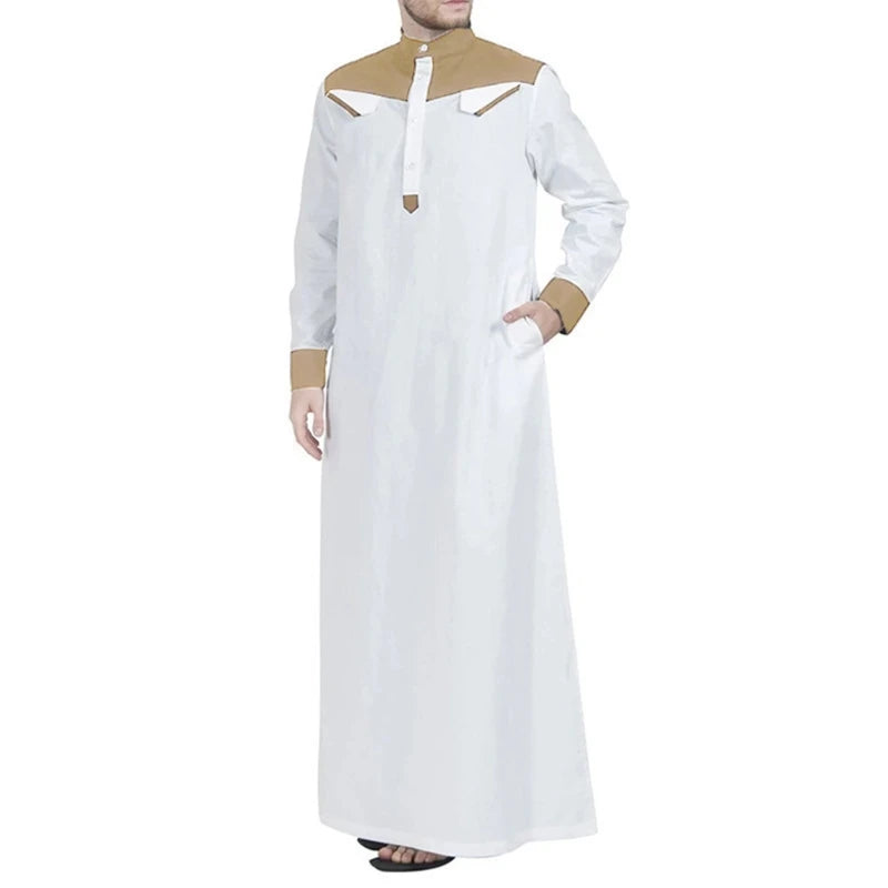 Traditional Muslim Clothing Contrast Color Muslim Dress Middle East Jubba Thobe Men Robe w/ Long Sleeves Mandarin Neck