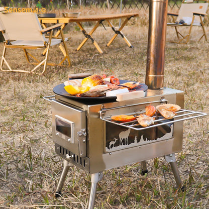 Large Portable Fire Wood Stove, 304 Stainless Steel, Window Pipe for Tent Heater, Cot Camping, Ice-fishing Cooking, Outdoor BBQ