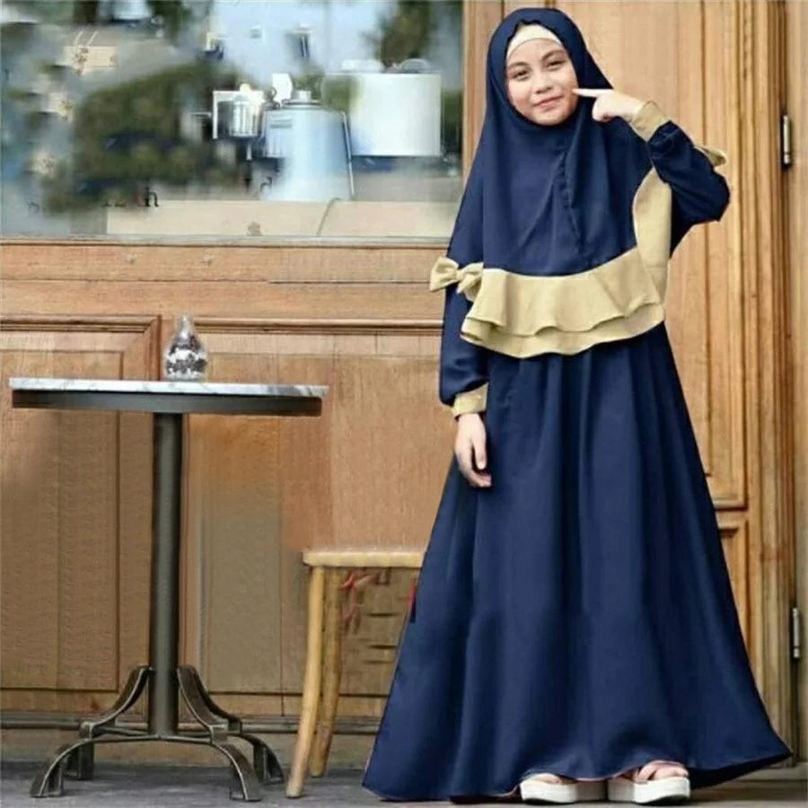 Muslim Children Girls 2 Pieces Prayer Dress Hijab Abaya Ramadan Sets Arab Kids Headscarf Long Robe Islamic Eid Chador Gown