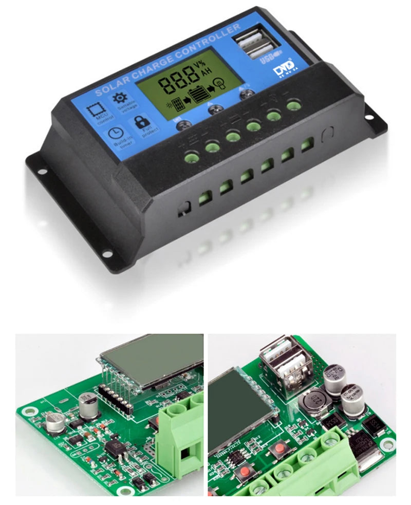 10A 20A 30A PWM Solar Charge Controller 12V/24V Solar Regulator USB 5V Panel Battery Regulator Intelligent LCD Display