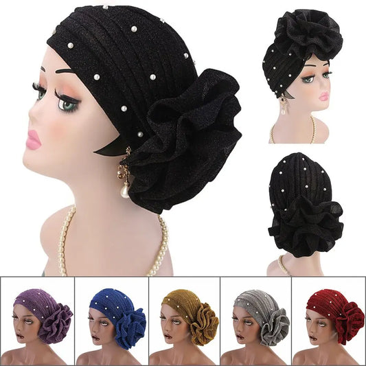 Women Cancer Chemo Cap Big Flower Shiny Silk Muslim Hat Hair Loss Head Scarf Pearls Elastic Turban Head Wrap Cover