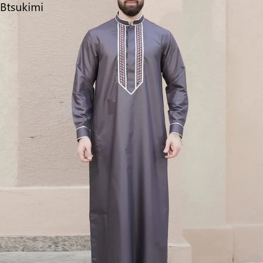 Eid Muslim Fashion Men Jubba Thobe Embroidery Stand Collar Dubai Arab Long Dress Islamic Ramadan Robe Saudi Musulman Abaya Male