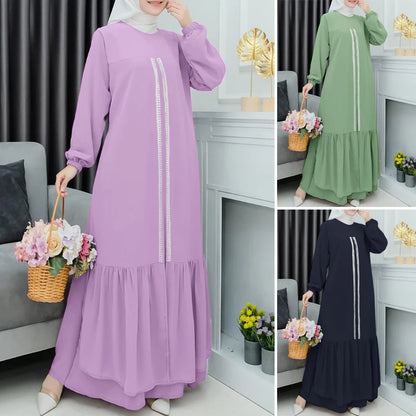 ZANZEA Ruffled Hem Lace Panels Abaya Robes Autumn Muslim Women O Neck Maxi Dress Islamic Hijab Loose Casual Long Sleeve Vestidos