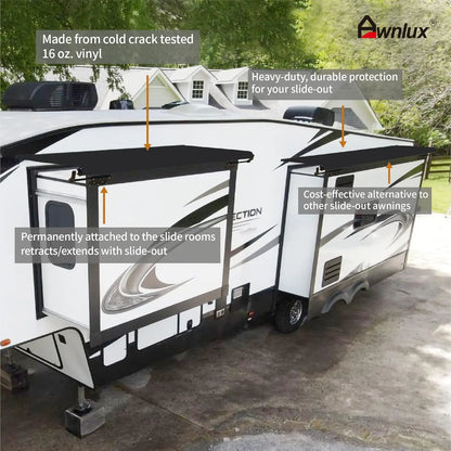 Black modular slide topper awnin out awning kit protection for RVs, travel trailers, 5th wheels, and motorhomes