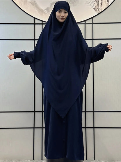 Muslim Women Prayer Dress with Khimar Hijab 2 Piece Set Eid Abaya Long Robe Headscarf Islamic Morocco Kaftan Vestidos Jalabiya