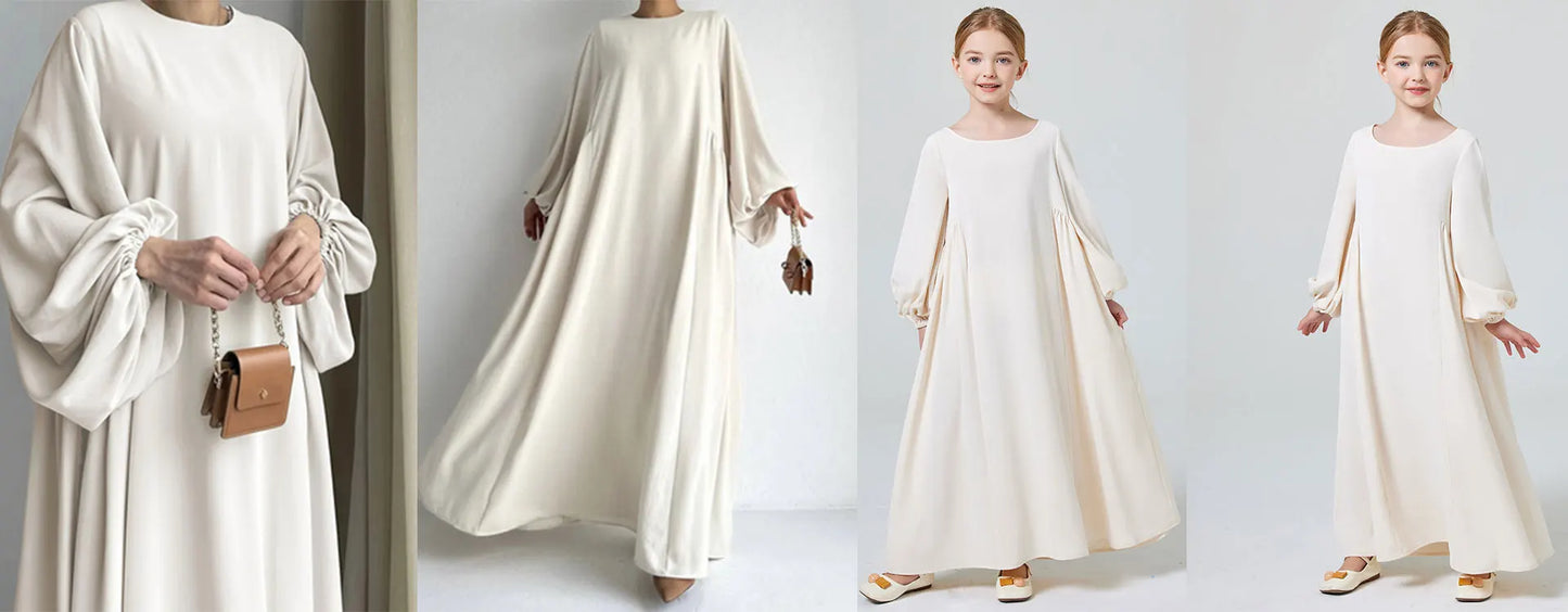 Ramadan Girl Abaya Muslim Elegant Solid Crew Neck Long Sleeve Kaftan Kids Dress For Pray Party