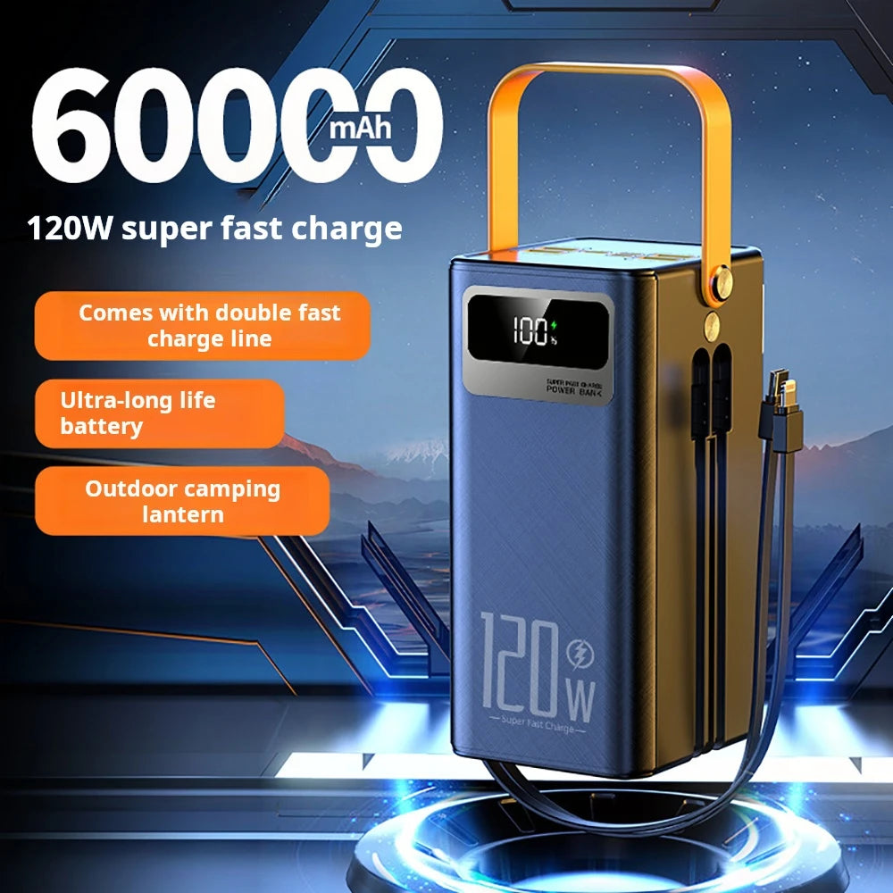 60000mAh Portable Power Bank 120W Fast Charging Power Station Outdoor Emergency Power Bank Solar Generator LED For Camping Phon