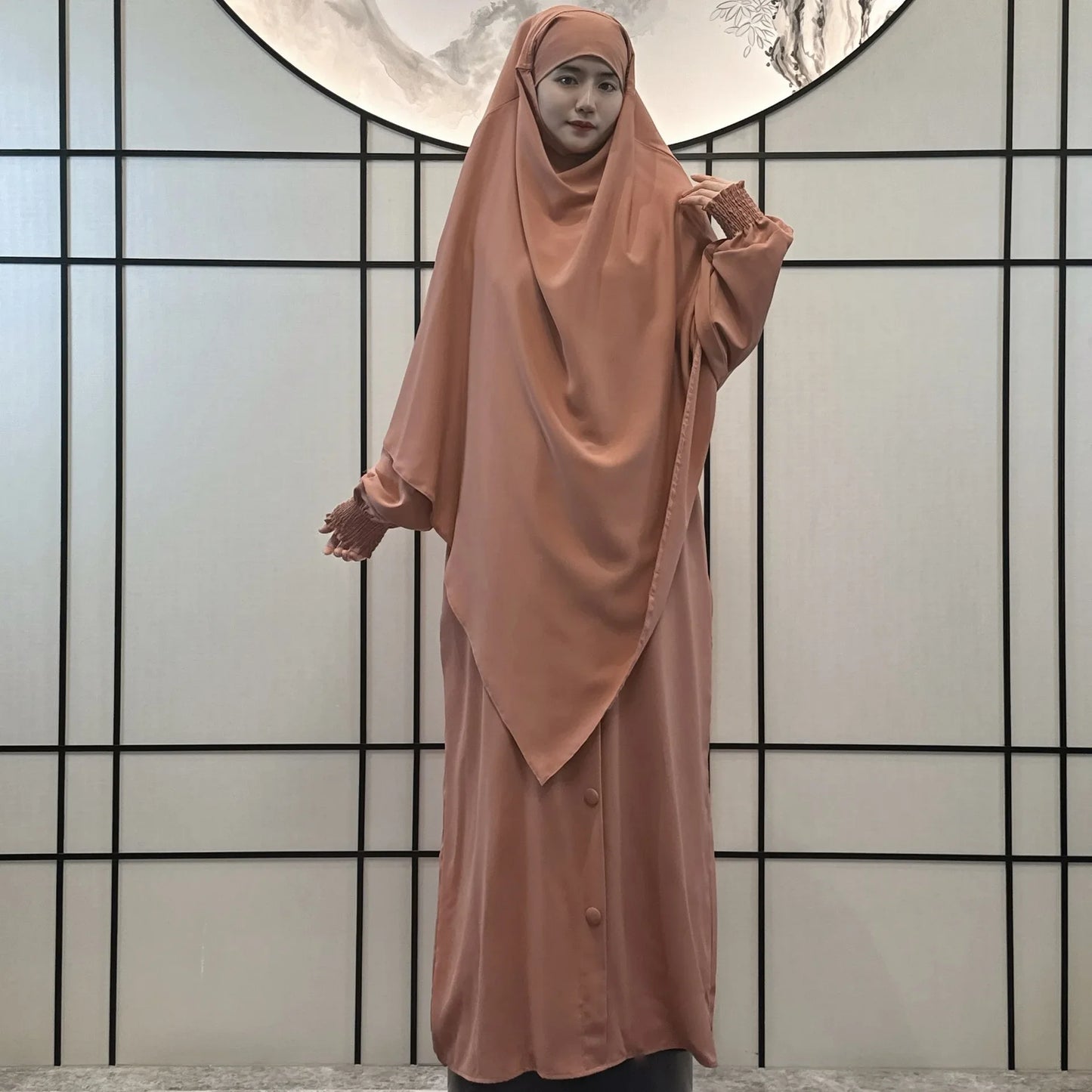 Muslim Women Prayer Dress with Khimar Hijab 2 Piece Set Eid Abaya Long Robe Headscarf Islamic Morocco Kaftan Vestidos Jalabiya