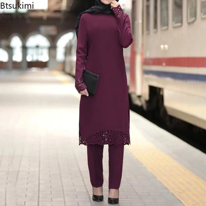 2024 Women Muslim Abaya Sets Fashion Hollow Out Long Sleeve Dreess and Pants Two Pieces Women Islamic Clothing Arab Dubai Kaftan