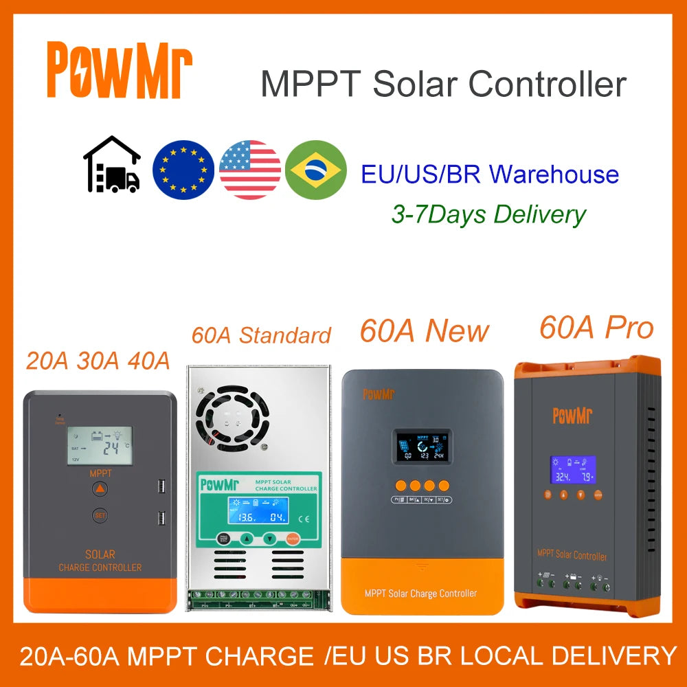 PowMr MPPT 60A 40A 30A 20A LCD Solar Charge Controller 12V 24V 36V 48V Auto Battery Solar Panel Smart Regulator Support Lifepo4