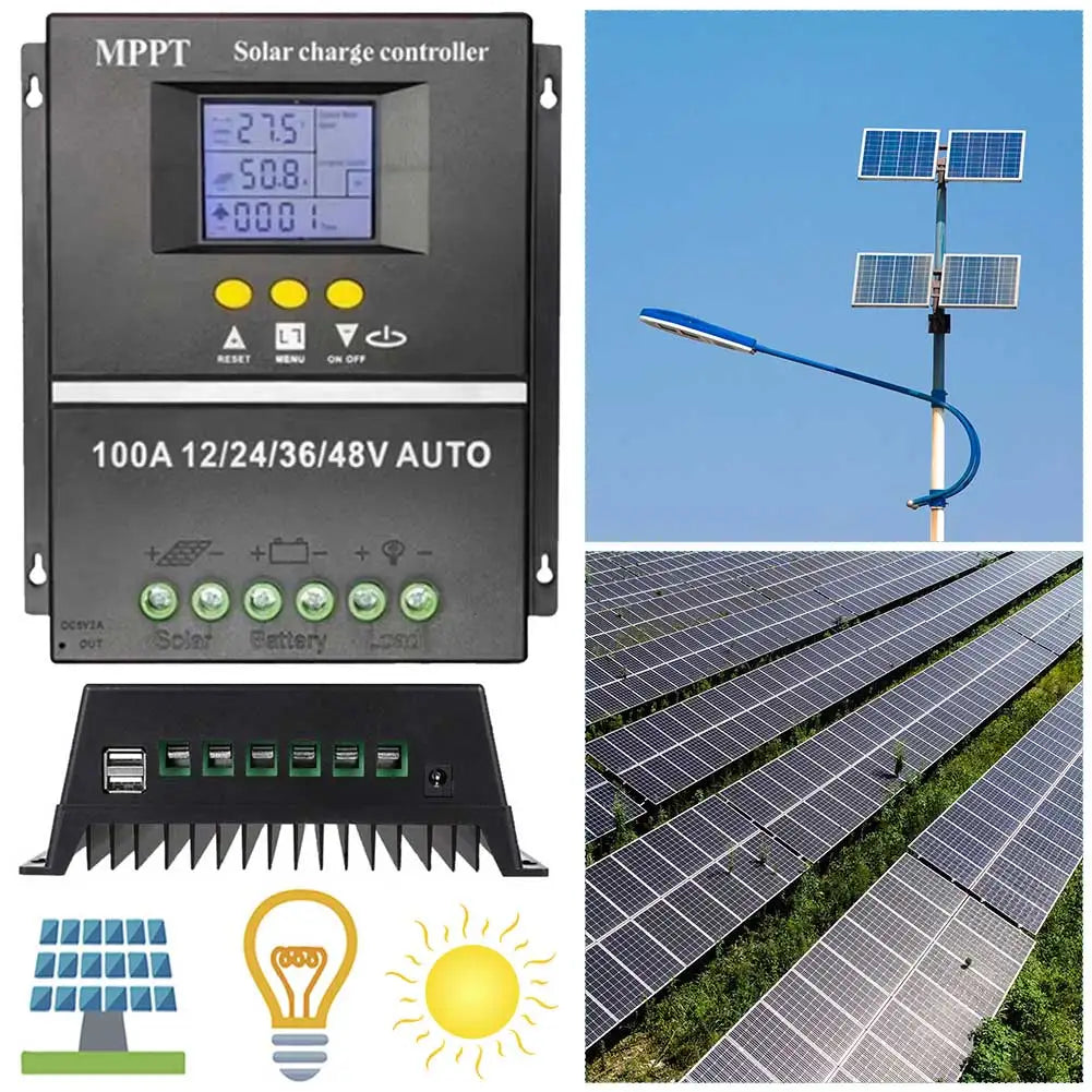 100A MPPT Solar Charge Controller Solar Panel Regulator LCD Display Auto Solar Charge Controller 12V 24V 36V 48V for Solar Panel