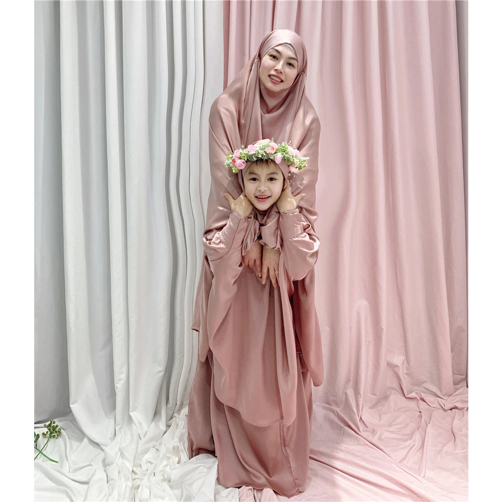 2PCS Muslim Kids Girls Khimar Skirt Set Islamic Prayer Garment Clothing Niqab Burqa Saudi Arabic Child Dress Hijab Robe Abaya