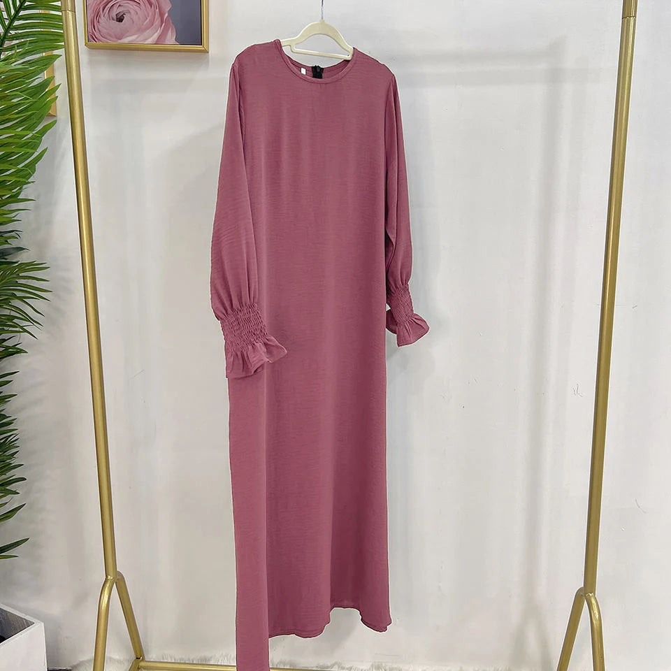 Under Abaya Inner Long Slip Dress Solid Color Smocked Cuffs Islamic Clothing Muslim Woman Casual Dubai Turk Modest Hijabi Robe