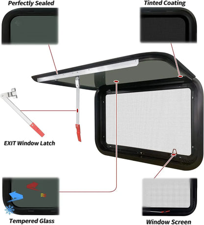 Window 36" x 22" for 1-3/4" Teardrop Trailer Wall with Trim Kit and Screen, Cargo Camper ReplacementOut EXIT Windows with S