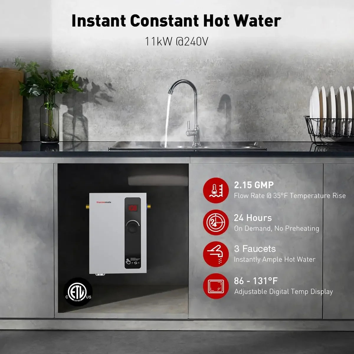 Tankless Water Heater Electric, 11kW at 240 Volt, On Demand Instant Hot Water Heater for Point of Use, Self-Modulatin