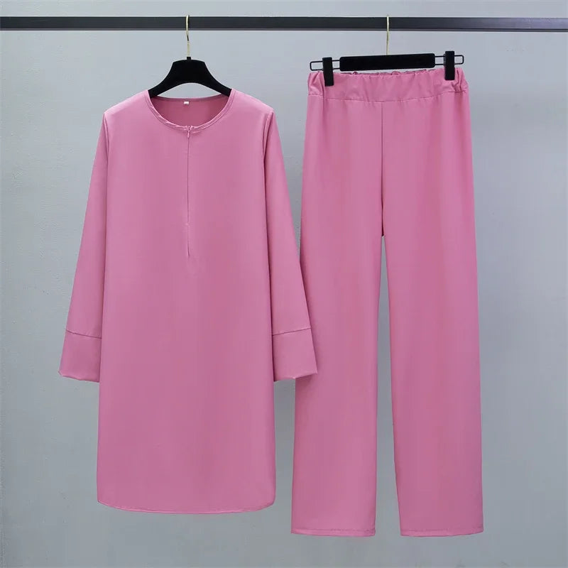 Women Muslim Sets Two Pieces Suits Casual Long Chiffon Shirts Pullover Tops and Straight Pants Loose Trousers Women Sets