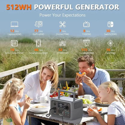 Portable Power Station 500W 512Wh LiFePO4 Battery UPS Function 2.5Hrs Fast Charge 3 AC Outlets Surge 1000W Solar Generator