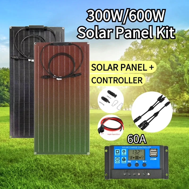 Flexible Solar Panel Kit 300 Watt PV Module 600 Watt 12V/24V Solar Cable Cell for Home Outdoor Car Boat Battery Camping Trip