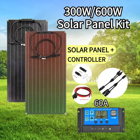 Flexible Solar Panel Kit 300 Watt PV Module 600 Watt 12V/24V Solar Cable Cell for Home Outdoor Car Boat Battery Camping Trip