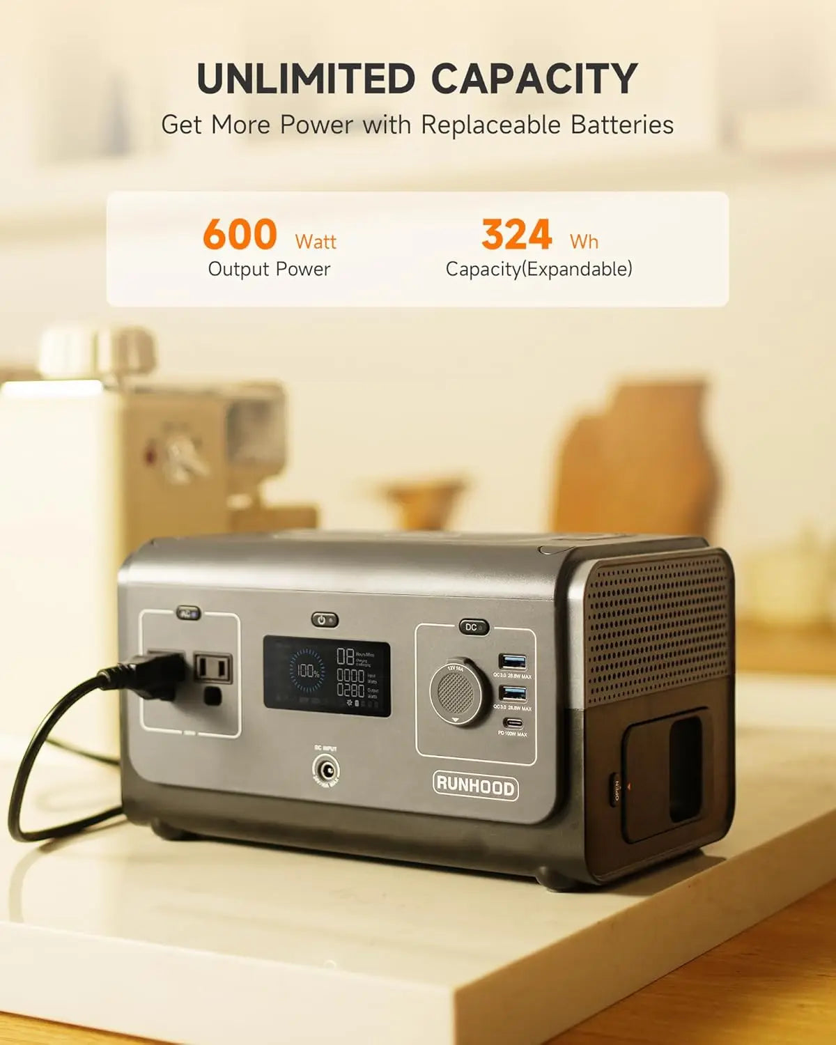 Portable Power Station Rallye 600Mini Max 324WH Swappable&Replaceable Batteries 2X600W Pure Sine Wave AC Modular Solar Generator