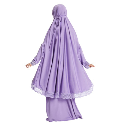 2 Piece Set Prayer Garment Lace Dress Muslim Kids Girls Abaya Gowns Overhead Hijab Long Khimar Ramadan Skirt Arab Clothes Niqab