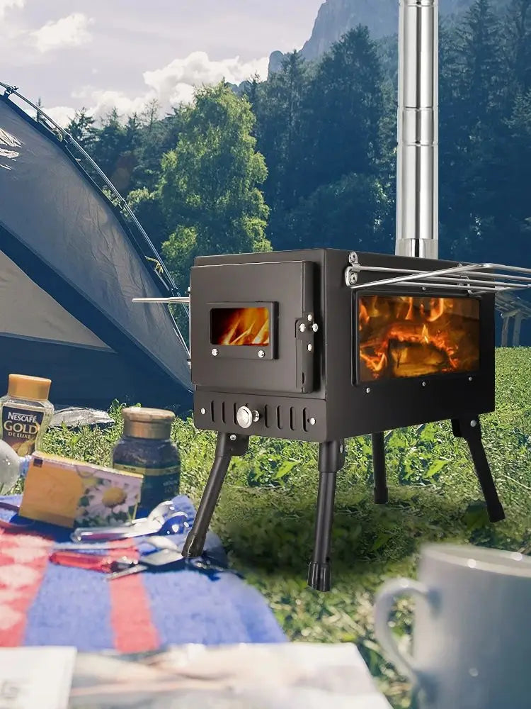 Large Portable Fire Wood Stove, 304 Stainless Steel, Window Pipe for Tent Heater, Cot Camping, Ice-fishing Cooking, Outdoor BBQ