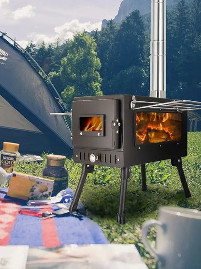 Large Portable Fire Wood Stove, 304 Stainless Steel, Window Pipe for Tent Heater, Cot Camping, Ice-fishing Cooking, Outdoor BBQ