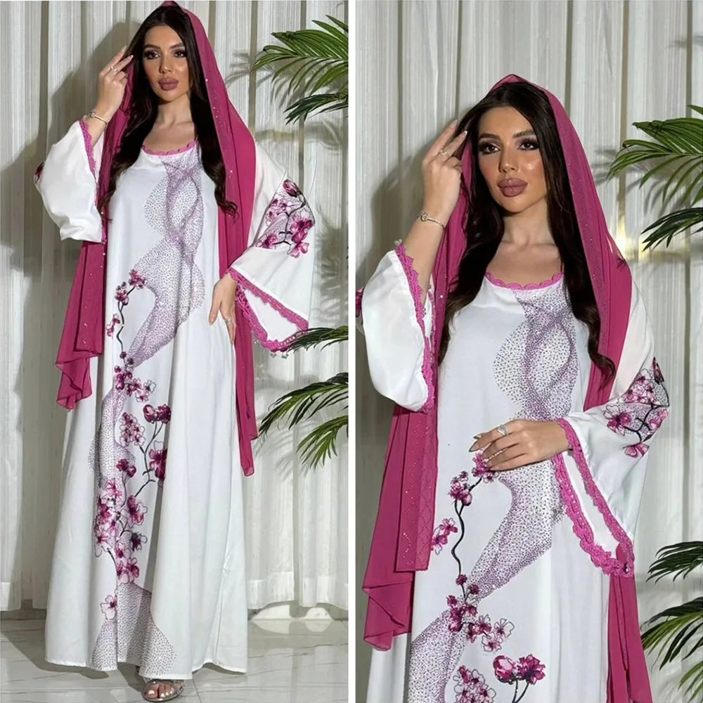 2pcs Set Flowers Printed Dress with Sash Belt Abaya Hijab Veil Fashion Diamonds Robe Muslim Lace Trimming Kaftan Women Long Gown