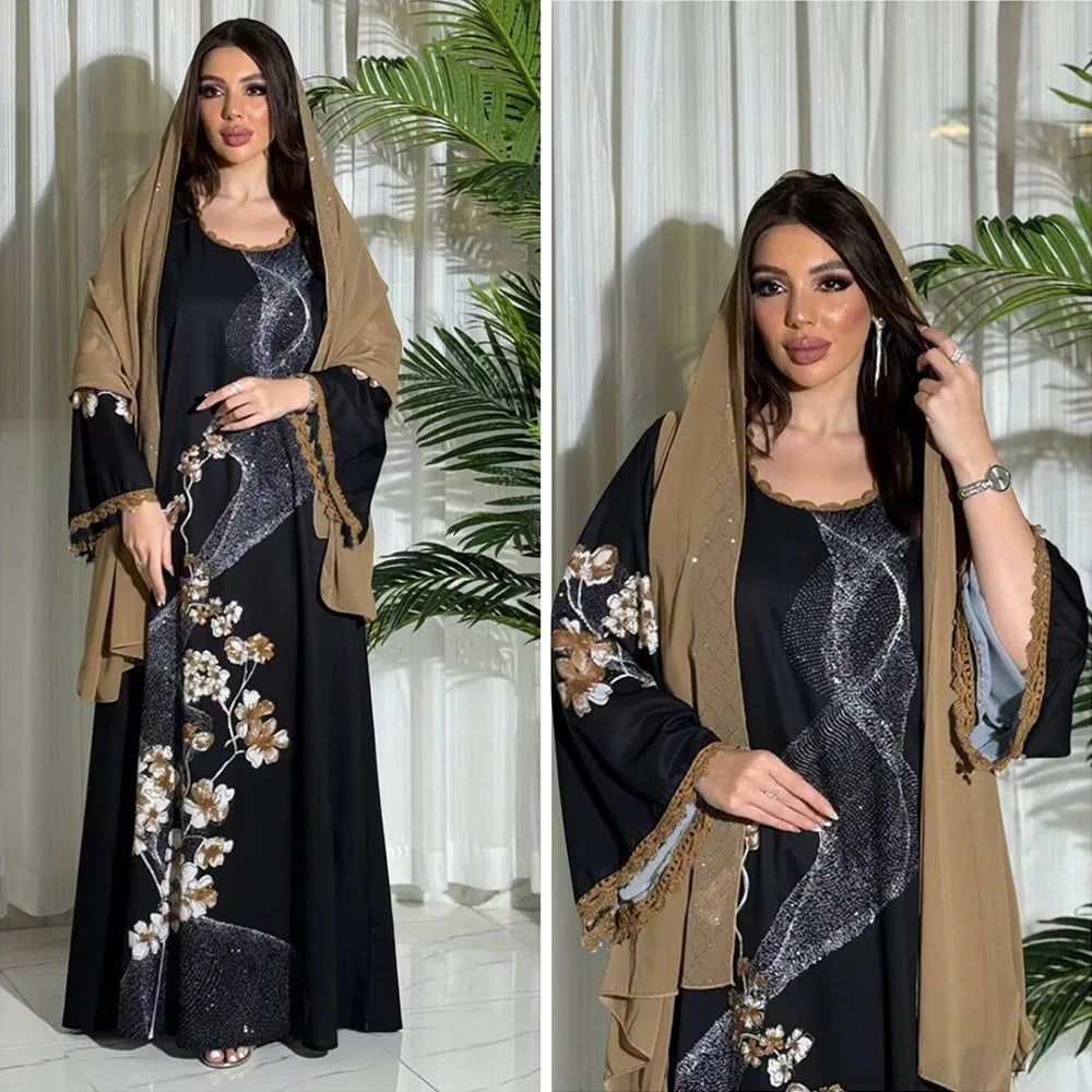 2pcs Set Flowers Printed Dress with Sash Belt Abaya Hijab Veil Fashion Diamonds Robe Muslim Lace Trimming Kaftan Women Long Gown