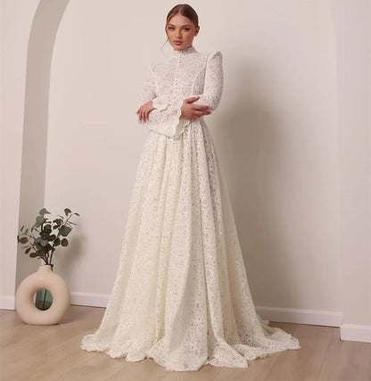 New Muslim Wedding Dress Lace High Neck Long Sleeves A-Line Floor-Length Bridal Dress Vestidos de novia Arab Robes de mariée