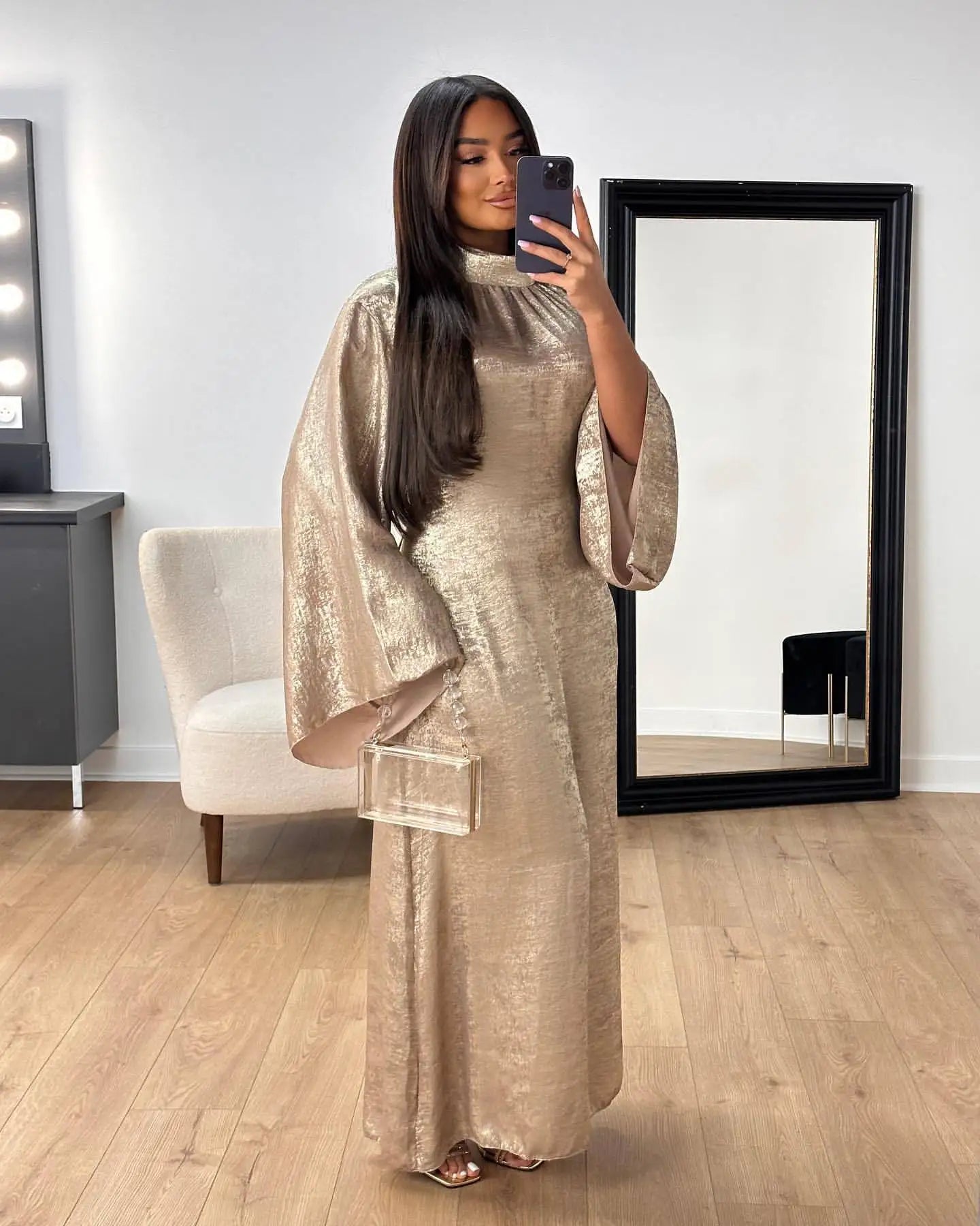 2024 New Elegant Fashion Dress EID Modest Muslim Dress Long Sleeve Shiny Polyester Islamic Clothing Dubai Abaya Dress Party Robe