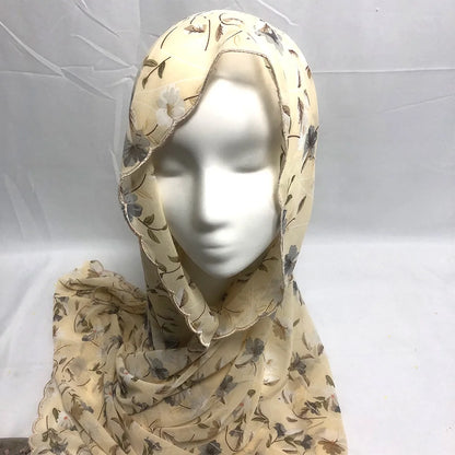 Chiffon Hijab Scarf Foulard Femme Musulman Printed Shawl Islamic Clothing Headwear Muslim Headscarf 4 Side Embroidery 180X70CM